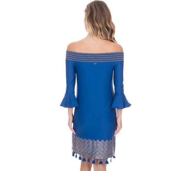 Cabana Life Royal Blues Embroidered Pom-Pom Off-The-Shoulder Dress Size Medium - Picture 12 of 13
